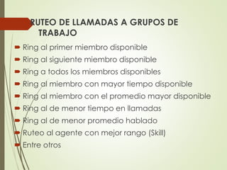 RUTEO DE LLAMADAS A GRUPOS DE
TRABAJO
 Ring al primer miembro disponible
 Ring al siguiente miembro disponible
 Ring a todos los miembros disponibles
 Ring al miembro con mayor tiempo disponible
 Ring al miembro con el promedio mayor disponible
 Ring al de menor tiempo en llamadas
 Ring al de menor promedio hablado
 Ruteo al agente con mejor rango (Skill)
 Entre otros
 