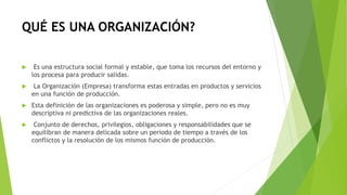 QUÉ ES UNA ORGANIZACIÓN?
 Es una estructura social formal y estable, que toma los recursos del entorno y
los procesa para producir salidas.
 La Organización (Empresa) transforma estas entradas en productos y servicios
en una función de producción.
 Esta definición de las organizaciones es poderosa y simple, pero no es muy
descriptiva ni predictiva de las organizaciones reales.
 Conjunto de derechos, privilegios, obligaciones y responsabilidades que se
equilibran de manera delicada sobre un periodo de tiempo a través de los
conflictos y la resolución de los mismos función de producción.
 