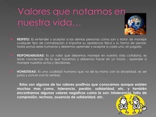 RESPETO:  Es entender y aceptar a las demás personas como son y tratar de manejar cualquier tipo de conversación si importar su apariencia física y su forma de pensar, todos somos seres humanos y debemos aprender y aceptar a cada uno, sin juzgarlo.  RESPONSABILIDAD:  Es un valor que debemos manejar en nuestra vida cotidiana, es tener conciencia de lo que hacemos y debemos hacer en un fututo , aprender a manejar nuestros actos y decisiones.  HONESTIDAD:  Es una cualidad humana que va de la mano con la sinceridad, es ser justos y actuar con la verdad. Estos son algunos de los valores positivos que conocemos aunque existen muchos mas como, tolerancia, perdón, solidaridad, etc. y también encontramos algunos valores negativos como lo son: intolerancia, falta de compresión, rechazo, ausencia de solidaridad, etc.  