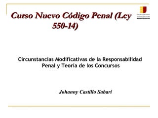 Circunstancias Modificativas de la Responsabilidad
Penal y Teoría de los Concursos
Johanny Castillo SabaríJohanny Castillo Sabarí
Curso Nuevo Código Penal (LeyCurso Nuevo Código Penal (Ley
550-14)550-14)
 