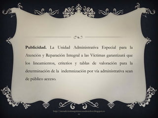 Publicidad. La Unidad Administrativa Especial para la
Atención y Reparación Integral a las Víctimas garantizará que
los lineamientos, criterios y tablas de valoración para la
determinación de la indemnización por vía administrativa sean
de público acceso.




                http://mesadevictimasprimerosusderechos.blogspot.co
                                        m
 
