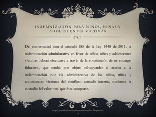I N D E M N I Z A C I Ó N PA R A N I Ñ O S , N I Ñ A S Y
                ADOLESCENTES VÍCTIMAS



De conformidad con el artículo 185 de la Ley 1448 de 2011, la
indemnización administrativa en favor de niños, niñas y adolescentes
víctimas deberá efectuarse a través de la constitución de un encargo
fiduciario, que tendrá por objeto salvaguardar el acceso a la
indemnización por vía administrativa de los niños, niñas y
adolescentes víctimas del conflicto armado interno, mediante la
custodia del valor total que ésta comporte.




                  http://mesadevictimasprimerosusderechos.blogspot.co
                                          m
 