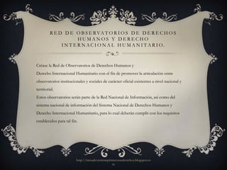 R E D D E O B S E R VA T O R I O S D E D E R E C H O S
                      HUMANOS Y DERECHO
              I N T E R N A C I O N A L H U M A N I T A R I O.



Créase la Red de Observatorios de Derechos Humanos y
Derecho Internacional Humanitario con el fin de promover la articulación entre
observatorios institucionales y sociales de carácter oficial existentes a nivel nacional y
territorial.
Estos observatorios serán parte de la Red Nacional de Información, así como del
sistema nacional de información del Sistema Nacional de Derechos Humanos y
Derecho Internacional Humanitario, para lo cual deberán cumplir con los requisitos
establecidos para tal fin.




                         http://mesadevictimasprimerosusderechos.blogspot.co
                                                 m
 