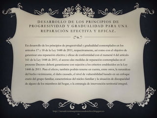 DESARROLLO DE LOS PRINCIPIOS DE
   P R O G R E S I V I DA D Y G R A D UA L I DA D PA R A U N A
          R E P A R A C I Ó N E F E C T I VA Y E F I C A Z .



En desarrollo de los principios de progresividad y gradualidad contemplados en los
artículos 17 y 18 de la Ley 1448 de 2011, respectivamente, así como con el objetivo de
garantizar una reparación efectiva y eficaz de conformidad con el numeral 4 del artículo
161 de la Ley 1448 de 2011, el acceso alas medidas de reparación contempladas en el
presente Decreto deberá garantizarse con sujeción a los criterios establecidos en la Ley
1448 de 2011. Para el efecto, también podrán tenerse en cuenta, entre otros, la naturaleza
del hecho victimizante, el daño causado, el nivel de vulnerabilidad basado en un enfoque
etario del grupo familiar, características del núcleo familiar y la situación de discapacidad
de alguno de los miembros del hogar, o la estrategia de intervención territorial integral.




                        http://mesadevictimasprimerosusderechos.blogspot.co
                                                m
 