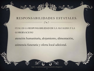 R E S P O N S A B I L I DA D E S E S TATA L E S.


CUAL ES LA RESPONSABILIDAD DE LA ALCALDIA Y LA
GOBERNACION?

atención humanitaria, alojamiento, alimentación,

asistencia funeraria y oferta local adicional.




              http://mesadevictimasprimerosusderechos.blogspot.co
                                      m
 