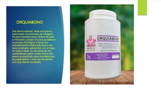 ORQUIABONO
Este abono especial tiene una buena y
balanceada concentración de nitrógeno
(N) para hacerlas crecer; fósforo (P) para
su floración y potasio (K) para ayudarle en
su proceso fisiológico; al igual que
microelementos.Utiliza este abono una
vez a la semana, aplicándolo con el riego,
en hojas y raíces, en una dosis de una
cucharada por galón (cuatro litros). Este
abono es producido para orquídeas pero
se puede aplicar a todo tipo de plantas
con muy buenos resultados.
 