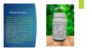 Nitrato de Calcio
El Nitrato de Calcio fortalece las
paredes celulares ayudando a un
follaje más sano, mejor floración y
estimula el crecimiento de las
raíces, por lo tanto, las plantas
tienen más resistencia a las
plagas. Utiliza una vez a la
semana, aplicándolo con el riego
(NO mezclar con otros
fertilizantes) con una dosis de un
gramo por galón (cuatro litros).
Este producto NO debe ser usado
en las phalenopsis.
 