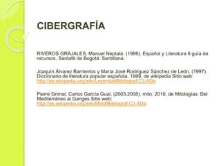 CIBERGRAFÍA 
RIVEROS GRAJALES, Manuel Neptalá. (1999). Español y Literatura 6 guía de 
recursos. Santafé de Bogotá: Santillana. 
Joaquín Álvarez Barrientos y María José Rodríguez Sánchez de León. (1997). 
Diccionario de literatura popular española. 1999, de wikipedia Sitio web: 
http://es.wikipedia.org/wiki/Leyenda#Bibliograf.C3.ADa 
Pierre Grimal, Carlos García Gual. (2003,2008). mito. 2010, de Mitologías: Del 
Mediterráneo al Ganges Sitio web: 
http://es.wikipedia.org/wiki/Mito#Bibliograf.C3.ADa 
 
