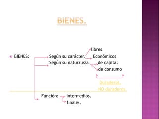 libres
BIENES: Según su carácter. Económicos
Según su naturaleza de capital
de consumo
Duraderos.
NO duraderos.
Función: intermedios.
finales.