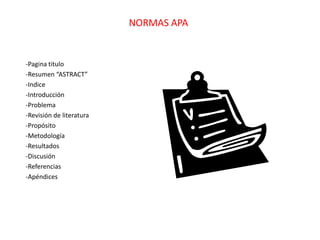 NORMAS APA -Pagina titulo -Resumen “ASTRACT” -Indice -Introducción -Problema -Revisión de literatura -Propósito -Metodología -Resultados -Discusión -Referencias -Apéndices 