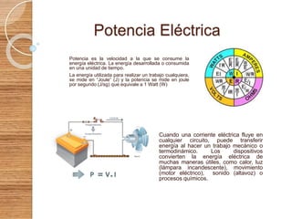 Potencia Eléctrica
Potencia es la velocidad a la que se consume la
energía eléctrica. La energía desarrollada o consumida
en una unidad de tiempo.
La energía utilizada para realizar un trabajo cualquiera,
se mide en “Joule” (J) y la potencia se mide en joule
por segundo (J/sg) que equivale a 1 Watt (W)
Cuando una corriente eléctrica fluye en
cualquier circuito, puede transferir
energía al hacer un trabajo mecánico o
termodinámico. Los dispositivos
convierten la energía eléctrica de
muchas maneras útiles, como calor, luz
(lámpara incandescente), movimiento
(motor eléctrico), sonido (altavoz) o
procesos químicos.
 