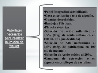 •Papel fotográfico sensibilizado.
•Gasa esterilizada o tela de algodón.
•Guantes desechables.
•Bandejas Plásticas.
•Plancha eléctrica.
•Solución de acido sulfanílico al
0,5% (0,5g. de acido sulfanílico en
100 ml. de agua destilada)
•Solución de Alfa naftilamina al
0,5% (0,5g. de naftilamina en 100
ml. de metanol)
•Solución de Acido acético al 20%.
•Campana de extracción o en
algunos casos pliegos de cartulina.
 