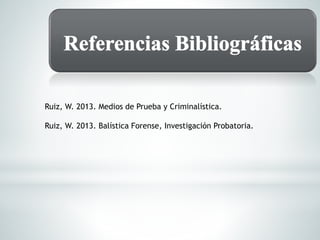 Ruiz, W. 2013. Medios de Prueba y Criminalística.
Ruiz, W. 2013. Balística Forense, Investigación Probatoria.
 