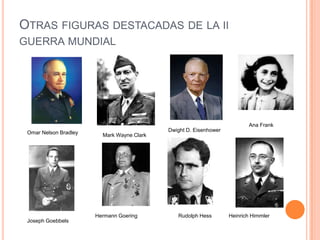OTRAS FIGURAS DESTACADAS DE LA II
GUERRA MUNDIAL




                                                                          Ana Frank
 Omar Nelson Bradley                        Dwight D. Eisenhower
                         Mark Wayne Clark




                       Hermann Goering         Rudolph Hess        Heinrich Himmler
 Joseph Goebbels
 
