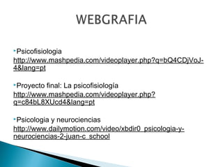  
Psicofisiologia
http://www.mashpedia.com/videoplayer.php?q=bQ4CDjVoJ-
4&lang=pt
 
Proyecto final: La psicofisiología
http://www.mashpedia.com/videoplayer.php?
q=c84bL8XUcd4&lang=pt
 
Psicologia y neurociencias
http://www.dailymotion.com/video/xbdir0_psicologia-y-
neurociencias-2-juan-c_school
 
 