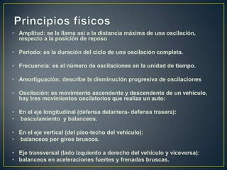 • Amplitud: se le llama así a la distancia máxima de una oscilación,
  respecto a la posición de reposo

• Periodo: es la duración del ciclo de una oscilación completa.

• Frecuencia: es el número de oscilaciones en la unidad de tiempo.

• Amortiguación: describe la disminución progresiva de oscilaciones

• Oscilación: es movimiento ascendente y descendente de un vehículo,
  hay tres movimientos oscilatorios que realiza un auto:

• En el eje longitudinal (defensa delantera- defensa trasera):
• basculamiento y balanceos.

• En el eje vertical (del piso-techo del vehículo):
• balanceos por giros bruscos.

• Eje transversal (lado izquierdo a derecho del vehículo y viceversa):
• balanceos en aceleraciones fuertes y frenadas bruscas.
 