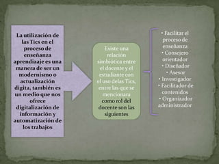 La utilización de
las Tics en el
proceso de
enseñanza
aprendizaje es una
manera de ser un
modernismo o
actualización
digita, también es
un medio que nos
ofrece
digitalización de
información y
automatización de
los trabajos

Existe una
relación
simbiótica entre
el docente y el
estudiante con
el uso delas Tics,
entre las que se
mencionara
como rol del
docente son las
siguientes

• Facilitar el
proceso de
enseñanza
• Consejero
orientador
• Diseñador
• Asesor
• Investigador
• Facilitador de
contenidos
• Organizador
administrador

 