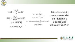 Mi cohete inicio
con una velocidad
de 18.89m/s y
alcanzo una
altura de 57.95 m
 