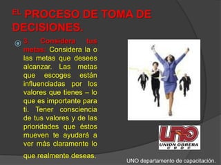 EL PROCESO DE TOMA DE DECISIONES.3. Considera tus metas: Considera la o las metas que desees alcanzar. Las metas que escoges están influenciadas por los valores que tienes – lo que es importante para ti. Tener consciencia de tus valores y de las prioridades que éstos mueven te ayudará a ver más claramente lo que realmente deseas. UNO departamento de capacitación.