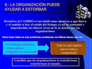 9.- LA ORGANIZACIÓN PUEDE
  AYUDAR A ESTORBAR


 Resistirse al CAMBIO es tan inútil como oponerse a que llueva
  y el cambio es hoy el estado del tiempo: es así de constante e
      impredecible, los líderes viven en él, lo mismo que las
                          organizaciones
Para tener éxito en este ambiente cambiante, los líderes tienen que ser:

   Estrategas mundiales                        Todo lo cual implica
   Innovadores                                   nuevos retos y
   Maestros en tecnología                         comprensión

         A medida que las organizaciones se transforman,
                    transforman al mundo.
 