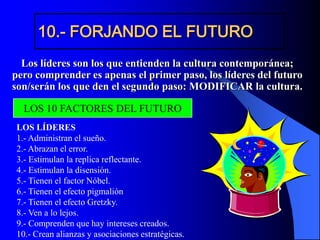 10.- FORJANDO EL FUTURO
  Los líderes son los que entienden la cultura contemporánea;
pero comprender es apenas el primer paso, los líderes del futuro
son/serán los que den el segundo paso: MODIFICAR la cultura.

  LOS 10 FACTORES DEL FUTURO
LOS LÍDERES
1.- Administran el sueño.
2.- Abrazan el error.
3.- Estimulan la replica reflectante.
4.- Estimulan la disensión.
5.- Tienen el factor Nóbel.
6.- Tienen el efecto pigmalión
7.- Tienen el efecto Gretzky.
8.- Ven a lo lejos.
9.- Comprenden que hay intereses creados.
10.- Crean alianzas y asociaciones estratégicas.
 