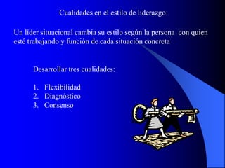 Cualidades en el estilo de liderazgo

Un líder situacional cambia su estilo según la persona con quien
esté trabajando y función de cada situación concreta


      Desarrollar tres cualidades:

      1. Flexibilidad
      2. Diagnóstico
      3. Consenso
 