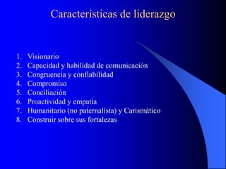 Características de liderazgo


1.   Visionario
2.   Capacidad y habilidad de comunicación
3.   Congruencia y confiabilidad
4.   Compromiso
5.   Conciliación
6.   Proactividad y empatía
7.   Humanitario (no paternalísta) y Carismático
8.   Construir sobre sus fortalezas
 