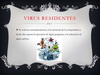 VIRUS RESIDENTES 
 Se colocan automáticamente en la memoria de la computadora y 
desde ella esperan la ejecución de algún programa o la utilización de 
algún archivo. 
 