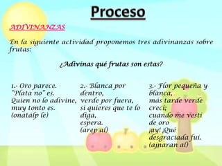 ADIVINANZAS

En la siguiente actividad proponemos tres adivinanzas sobre
frutas:

              ¿Adivinas qué frutas son estas?


1.- Oro parece.        2.- Blanca por         3.- Flor pequeña y
“Plata no” es.         dentro,                blanca,
Quien no lo adivine,   verde por fuera,       más tarde verde
muy tonto es.          si quieres que te lo   crecí;
(onatálp le)           diga,                  cuando me vestí
                       espera.                de oro
                       (arep al)              ¡ay! ¡Qué
                                              desgraciada fuí.
                                              (ajnaran al)
 