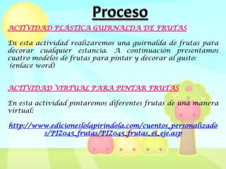 ACTIVIDAD PLÁSTICA GUIRNALDA DE FRUTAS

En esta actividad realizaremos una guirnalda de frutas para
decorar cualquier estancia. A continuación presentamos
cuatro modelos de frutas para pintar y decorar al gusto:
 (enlace word)


ACTIVIDAD VIRTUAL PARA PINTAR FRUTAS

En esta actividad pintaremos diferentes frutas de una manera
virtual:

http://www.edicioneslolapirindola.com/cuentos_personalizado
         s/PIZ045_frutas/PIZ045_frutas_ei_eje.asp
 