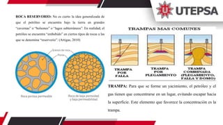 ROCA RESERVORIO: No es cierto la idea generalizada de
que el petróleo se encuentra bajo la tierra en grandes
“cavernas” o “bolsones” o “lagos subterráneos”. En realidad, el
petróleo se encuentra “embebido” en ciertos tipos de rocas a las
que se denomina “reservorio”. (Artigas, 2010)
TRAMPA: Para que se forme un yacimiento, el petróleo y el
gas tienen que concentrarse en un lugar, evitando escapar hacia
la superficie. Este elemento que favorece la concentración es la
trampa.
 