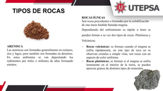 TIPOS DE ROCAS
ARENISCA
Las areniscas son formadas generalmente en océanos,
ríos y lagos, pero también son formadas en desiertos.
En estos ambientes se van depositando los
sedimentos por miles o millones de años formando
estratos.
ROCAS ÍGNEAS
Son rocas procedentes o formadas por la solidificación
de una masa fundida llamada magma.
Dependiendo del enfriamiento es rápido o lento se
pueden formar a su vez dos tipos de rocas: Plutónicas y
Volcánicas.
 Rocas volcánicas: se forman cuando el magma se
enfría rápidamente, en este tipo de roca no se
observan cristales a simple vista, son rocas con un
aspecto de color uniforme.
 Rocas plutónicas: se forman si el magma se enfría
lentamente en el interior de la tierra, se pueden
apreciar granos de distintos tipos de minerales.
 