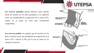 Las reservas probables pueden definirse como aquellas
donde de acuerdo con los datos geológicos y de ingeniería
existe una probabilidad de recuperación de al menos 50%,
aunque no en grado tal como para considerarlas
comprobadas.
Las reservas posibles son aquellas que de acuerdo con los
datos existentes tienen una posibilidad de recuperación de al
menos 10% e inferior al 50%, por lo que no entran en las
categorías anteriores.
 