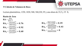  Cálculo de Volumen de Roca
Lectura planimétrica, 1350, 1030, 940, 560,220, 95 y una altura de 33,5 y 35 ft,
Razón de Área
RA =
Arn
Arn−1
RA2 =
1,43 x1010
1,88 x1010 = 𝟎, 𝟕𝟔
RA3 =
1,43 x1010
1,88 x1010 = 𝟎, 𝟗𝟐
RA4 =
1,31 x1010
1,43 x1010 = 𝟎, 𝟔𝟎
RA5 =
806713600
1,31 x1010 = 𝟎, 𝟑𝟗
RA6 =
3066923200
806713600
= 𝟎, 𝟒𝟑
RA7 =
0
3066923200
= 𝟎
 