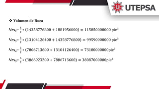  Volumen de Roca
Vrx2=
6
2
∗ 14358776800 + 1881956000 = 115850000000 pie3
Vrx3=
6
2
∗ 13104126400 + 14358776800 = 99590000000 pie3
Vrx4=
6
2
∗ 7806713600 + 13104126400 = 73100000000pie3
Vrx5=
6
2
∗ 3066923200 + 7806713600 = 38087000000pie3
 