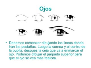 Ojos
• Debemos comenzar dibujando las lineas donde
iran las pestañas. Luego la cornea y el centro de
la pupila, despues la ceja que va a enmarcar el
ojo. Podemos dibujar el párpado superior para
que el ojo se vea más realista.
 