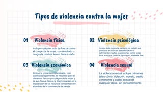 Tipos de violencia contra la mujer
Incluye cualquier acto de fuerza contra
el cuerpo de la mujer, con resultado o
riesgo de producir lesión física o daño
Incluye toda conducta, verbal o no verbal, que
produzca en la mujer desvalorización o
sufrimiento: insultos (expresiones como: estás
loca, eres una histérica, ignorante, atrasada, fea)
Incluye la privación intencionada, y no
justificada legalmente, de recursos para el
bienestar físico o psicológico de la mujer y
de sus hijas e hijos o la discriminación en la
disposición de los recursos compartidos en
el ámbito de la convivencia de pareja.
Violencia económica Violencia sexual
Violencia física Violencia psicológica
La violencia sexual incluye crímenes
tales cómo: violación, incesto, asalto
a menores y asalto sexual de
cualquier clase, sin consentimiento
04
02
03
01
 