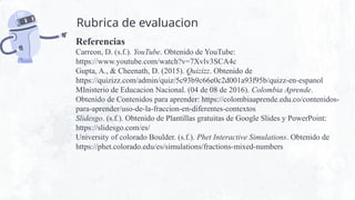 Rubrica de evaluacion
Referencias
Carreon, D. (s.f.). YouTube. Obtenido de YouTube:
https://www.youtube.com/watch?v=7Xvlv3SCA4c
Gupta, A., & Cheenath, D. (2015). Quizizz. Obtenido de
https://quizizz.com/admin/quiz/5c93b9c66e0c2d001a93f95b/quizz-en-espanol
MInisterio de Educacion Nacional. (04 de 08 de 2016). Colombia Aprende.
Obtenido de Contenidos para aprender: https://colombiaaprende.edu.co/contenidos-
para-aprender/uso-de-la-fraccion-en-diferentes-contextos
Slidesgo. (s.f.). Obtenido de Plantillas gratuitas de Google Slides y PowerPoint:
https://slidesgo.com/es/
University of colorado Boulder. (s.f.). Phet Interactive Simulations. Obtenido de
https://phet.colorado.edu/es/simulations/fractions-mixed-numbers
 