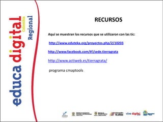 RECURSOS

Aquí se muestran los recursos que se utilizaron con las tic:

http://www.eduteka.org/proyectos.php/2/10203

http://www.facebook.com/#!/sede.tierragrata

http://www.actiweb.es/tierragrata/

programa cmaptools
 
