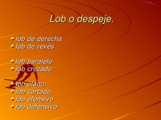 Lob o despeje.Lob o despeje.
lob de derechalob de derecha
lob de revéslob de revés
lob paralelolob paralelo
lob cruzadolob cruzado
lob plano.lob plano.
lob cortado.lob cortado.
lob ofensivolob ofensivo
lob defensivolob defensivo
 
