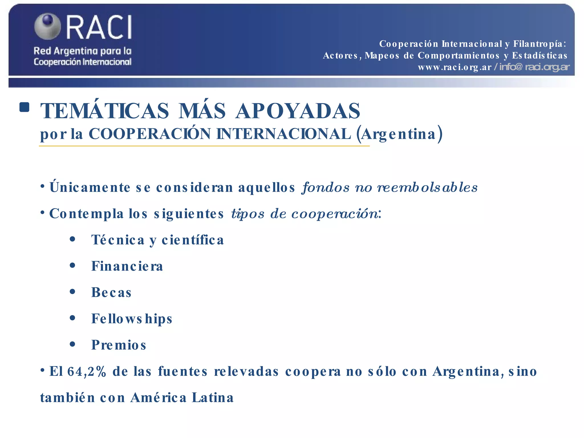 TEMÁTICAS MÁS APOYADAS   por la COOPERACIÓN INTERNACIONAL (Argentina) Únicamente se consideran aquellos  fondos no reembolsables Contempla los siguientes  tipos de cooperación :  Técnica y científica Financiera Becas  Fellowships  Premios El 64,2% de las fuentes relevadas coopera no sólo con Argentina, sino también con América Latina Cooperación Internacional y Filantropía:  Actores, Mapeos de Comportamientos y Estadísticas www.raci.org.ar   / info@raci.org.ar 