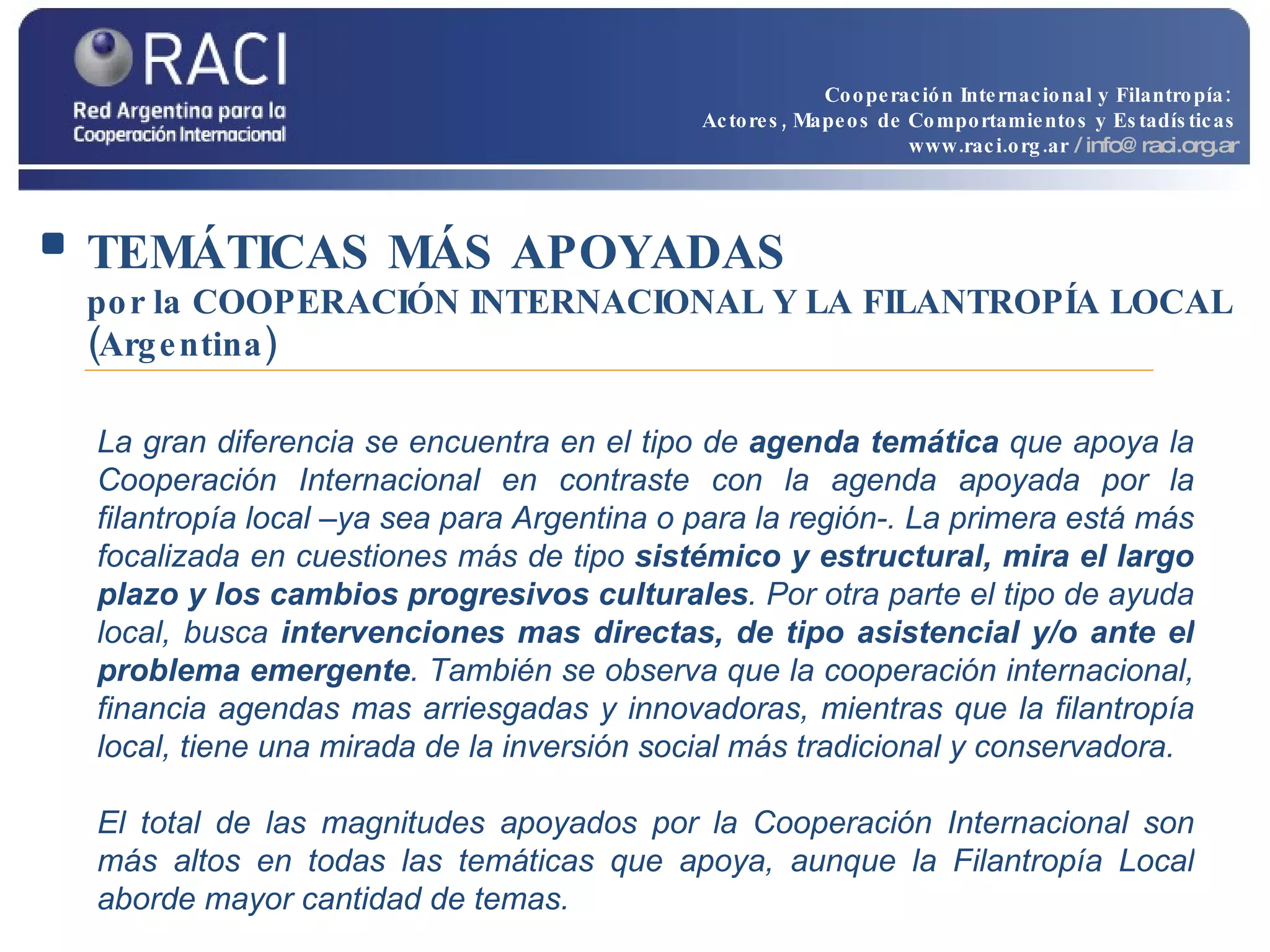 TEMÁTICAS MÁS APOYADAS   por la COOPERACIÓN INTERNACIONAL Y LA FILANTROPÍA LOCAL (Argentina) La gran diferencia se encuentra en el tipo de  agenda temática  que apoya la Cooperación Internacional en contraste con la agenda apoyada por la filantropía local –ya sea para Argentina o para la región-. La primera está más focalizada en cuestiones más de tipo  sistémico y estructural, mira el largo plazo y los cambios progresivos culturales . Por otra parte el tipo de ayuda local, busca  intervenciones mas directas, de tipo asistencial y/o ante el problema emergente . También se observa que la cooperación internacional, financia agendas mas arriesgadas y innovadoras, mientras que la filantropía local, tiene una mirada de la inversión social más tradicional y conservadora.  El total de las magnitudes apoyados por la Cooperación Internacional son más altos en todas las temáticas que apoya, aunque la Filantropía Local aborde mayor cantidad de temas. Cooperación Internacional y Filantropía:  Actores, Mapeos de Comportamientos y Estadísticas www.raci.org.ar   / info@raci.org.ar 