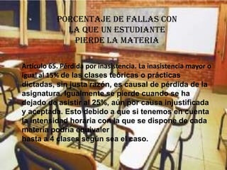 PORCENTAJE DE FALLAS CON
             LA QUE UN ESTUDIANTE
              PIERDE LA MATERIA

Artículo 65. Pérdida por inasistencia. La inasistencia mayor o
igual al 15% de las clases teóricas o prácticas
dictadas, sin justa razón, es causal de pérdida de la
asignatura. Igualmente se pierde cuando se ha
dejado de asistir al 25%, aún por causa injustificada
y aceptada. Esto debido a que si tenemos en cuenta
la intensidad horaria con la que se dispone de cada
materia podría equivaler
hasta a 4 clases según sea el caso.
 
