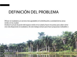 DEFINICIÓN DEL PROBLEMA
Ofrecer al ciudadano un servicio más agradable en la distribución y variedad de las zonas
verdes en las ciudad.
Analizar la actual situación del espacio verde en la ciudad y hacer encuestas para saber cómo
vive esta disposición el ciudadano. De este trabajo extraer para hacer propuestas realizables v
 