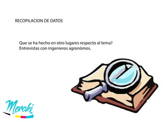 RECOPILACION DE DATOS
Que se ha hecho en otro lugares respecto al tema?
Entrevistas con ingenieros agronómos.
 