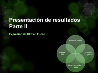 Presentación de resultados
Parte II
Expresión de GFP en E. coli
Favarolo, Belén

Wisner,
Darío

Fuentes,
Cynthia

Uran Landaburu,
Lionel

 