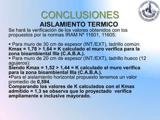 CONCLUSIONES
              AISLAMIENTO TERMICO
Se hará la verificación de los valores obtenidos con los
propuestos por la normas IRAM Nº 11601, 11605:
 Para muro de 30 cm de espesor (INT./EXT), ladrillo común:
Kmax = 1,78 > 1,64 = K calculado el muro verifica para la
zona bioambiental IIIa (C.A.B.A.).
 Para muro de 20 cm de espesor (INT./EXT), ladrillo hueco (12
agujeros):
Siendo Kmax = 1,52 > 1,44 = K calculado el muro verifica
para la zona bioambiental IIIa (C.A.B.A.).
Para el aislamiento horizontal propuesto tenemos un valor
promedio de 0,594.
Comparando los valores de K calculados con el Kmax
admitido = 1,3 se observa que lo proyectado verifica
ampliamente e inclusive mayorado.
 