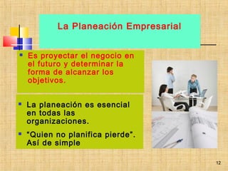 12
La Planeación Empresarial
 Es proyectar el negocio en
el futuro y determinar la
forma de alcanzar los
objetivos.
 La planeación es esencial
en todas las
organizaciones.
 “Quien no planifica pierde”.
Así de simple
12
 