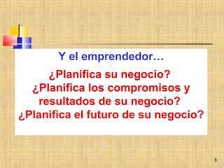 5
Y el emprendedor…
.
¿Planifica su negocio?
¿Planifica los compromisos y
resultados de su negocio?
¿Planifica el futuro de su negocio?
 