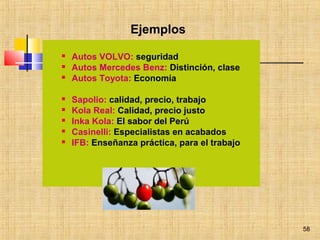 Ejemplos
 Autos VOLVO: seguridad
 Autos Mercedes Benz: Distinción, clase
 Autos Toyota: Economía
 Sapolio: calidad, precio, trabajo
 Kola Real: Calidad, precio justo
 Inka Kola: El sabor del Perú
 Casinelli: Especialistas en acabados
 IFB: Enseñanza práctica, para el trabajo
58
 